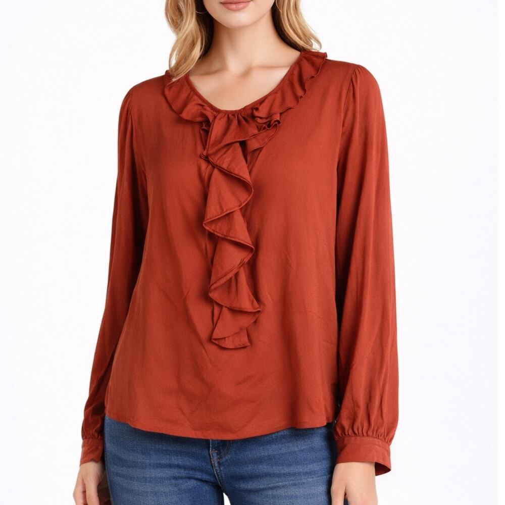 DonCaster 100% silk rust red ruffle long sleeve blouse size 6 NWT
